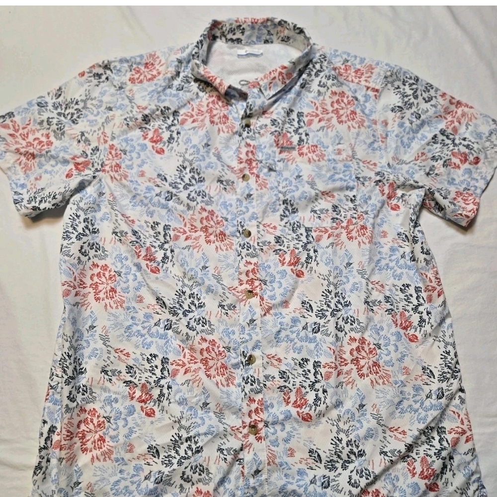 Columbia PFG Multicolor Vented Nylon Fishing Shirt Mens L Button Up Short Sleeve